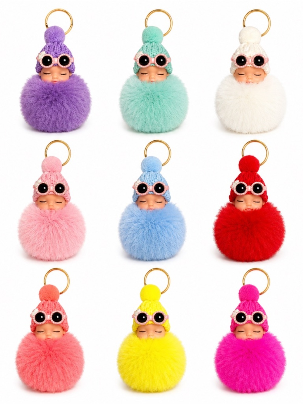 Sleeping Baby Faux Fur Pom Pom Keychain Purse Charm | 9 Colors